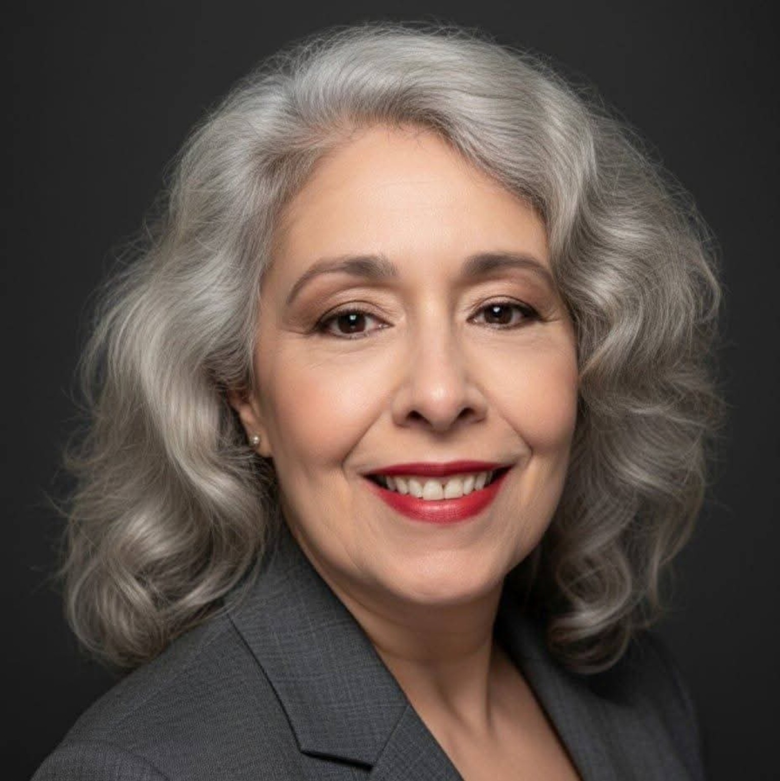 Retrato de Carla Valdetaro, sorrindo, com cabelos grisalhos e blazer cinza